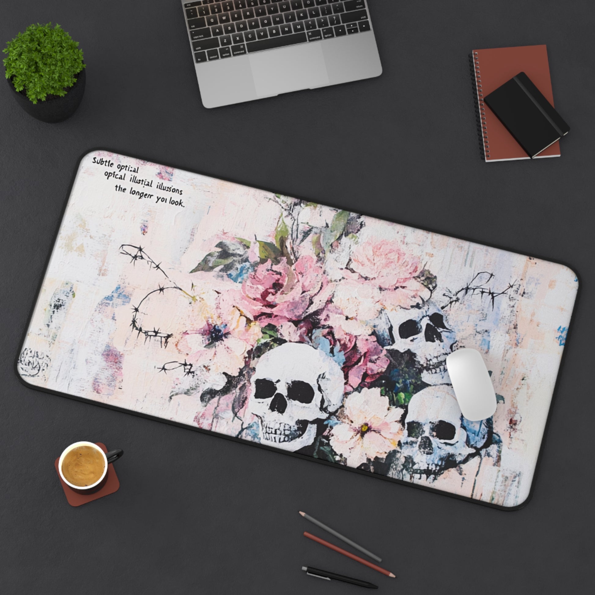 Elegant Floral Skull Desk Mat, Stylish Office Decor, Unique Mouse Pad, Gamer's Essential, Gift for Halloween, Home Office Accessory