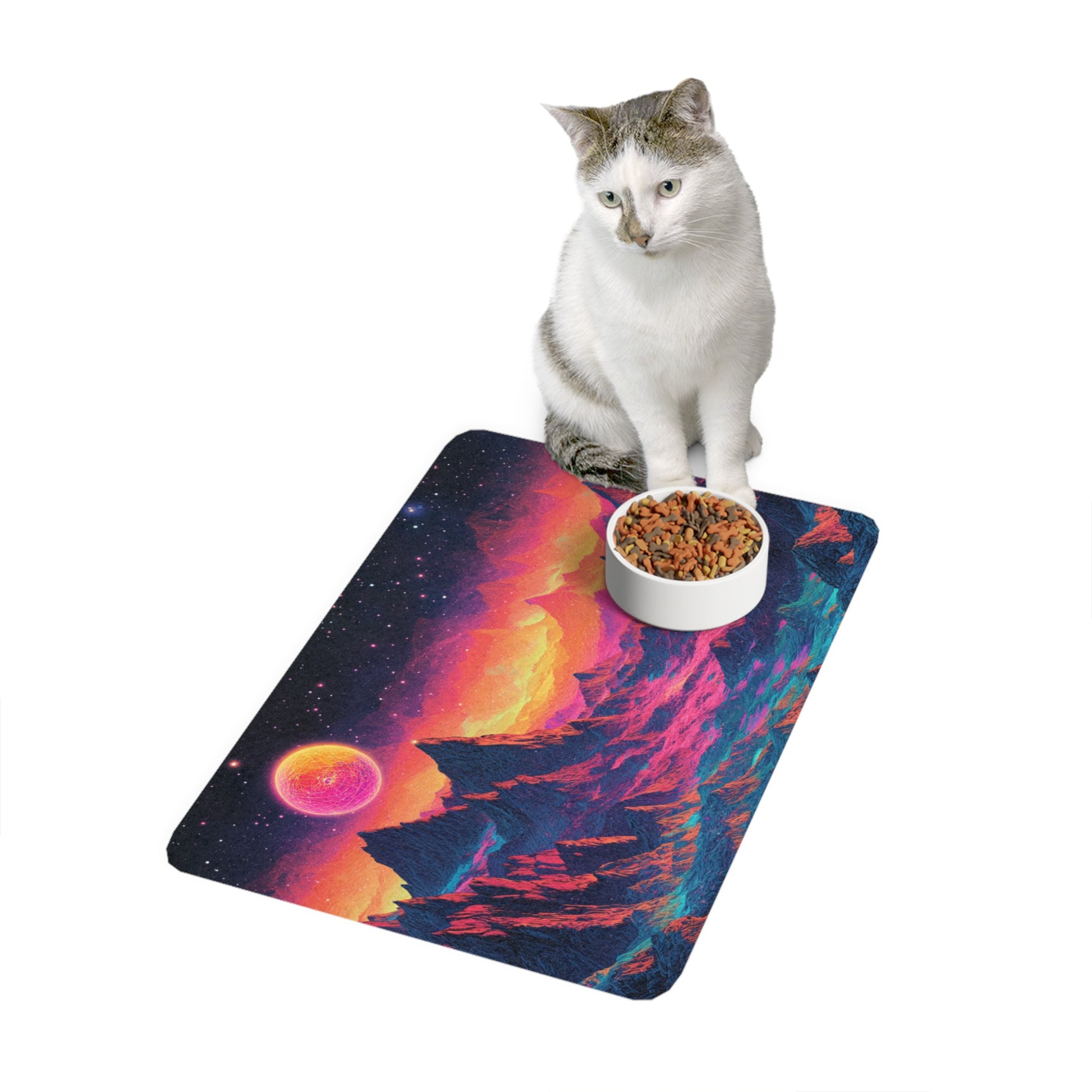 Cosmic Pet Food Mat, Planet Design Pet Feeding Mat, Durable Cat Dog Food Mat, Space Themed Dog Bowl Mat, Unique Pet Supplies
