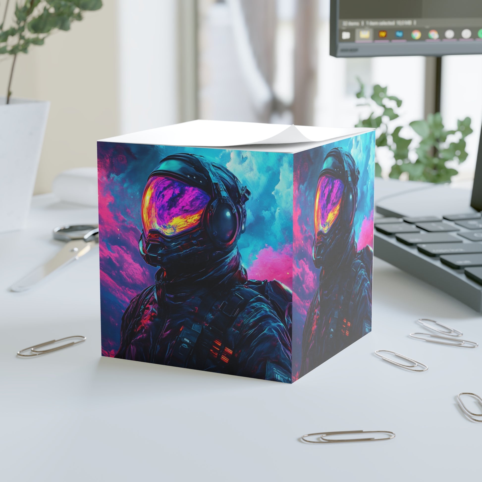 Cosmic Astronaut Note Cube, Galaxy-Themed Desk Organizer, Space Lover's Gift, Unique Sticky Note Holder, Inspirational Office Decor
