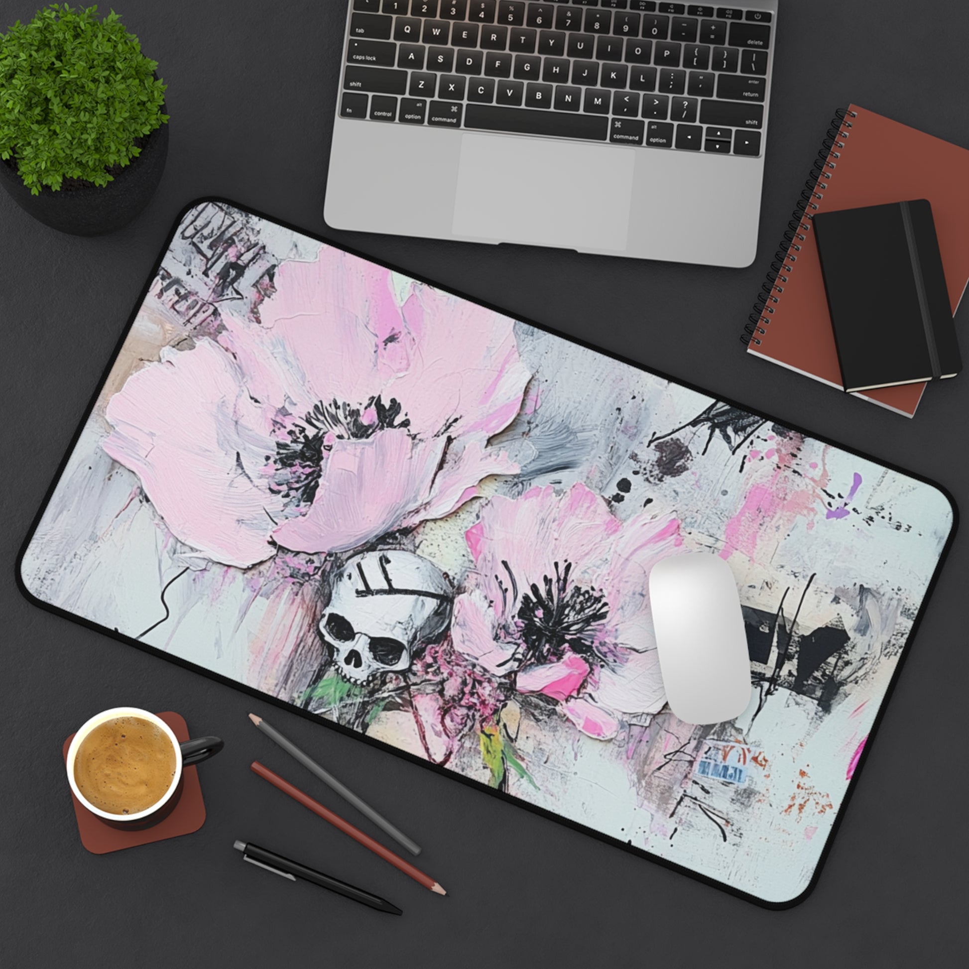 Floral Skull Desk Mat | Aesthetic Office Decor, Gaming Mouse Pad, Unique Gift for Artists, Creative Workspace, Inspirational Table Mat