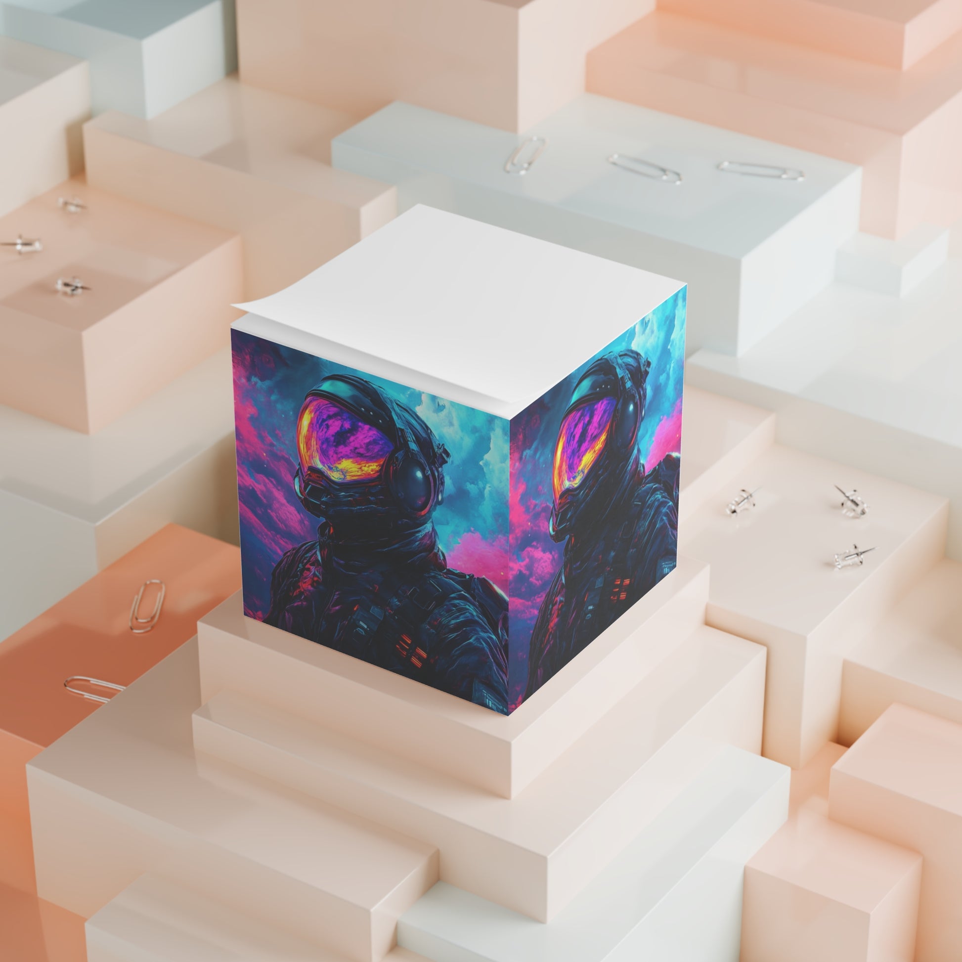 Cosmic Astronaut Note Cube, Galaxy-Themed Desk Organizer, Space Lover's Gift, Unique Sticky Note Holder, Inspirational Office Decor