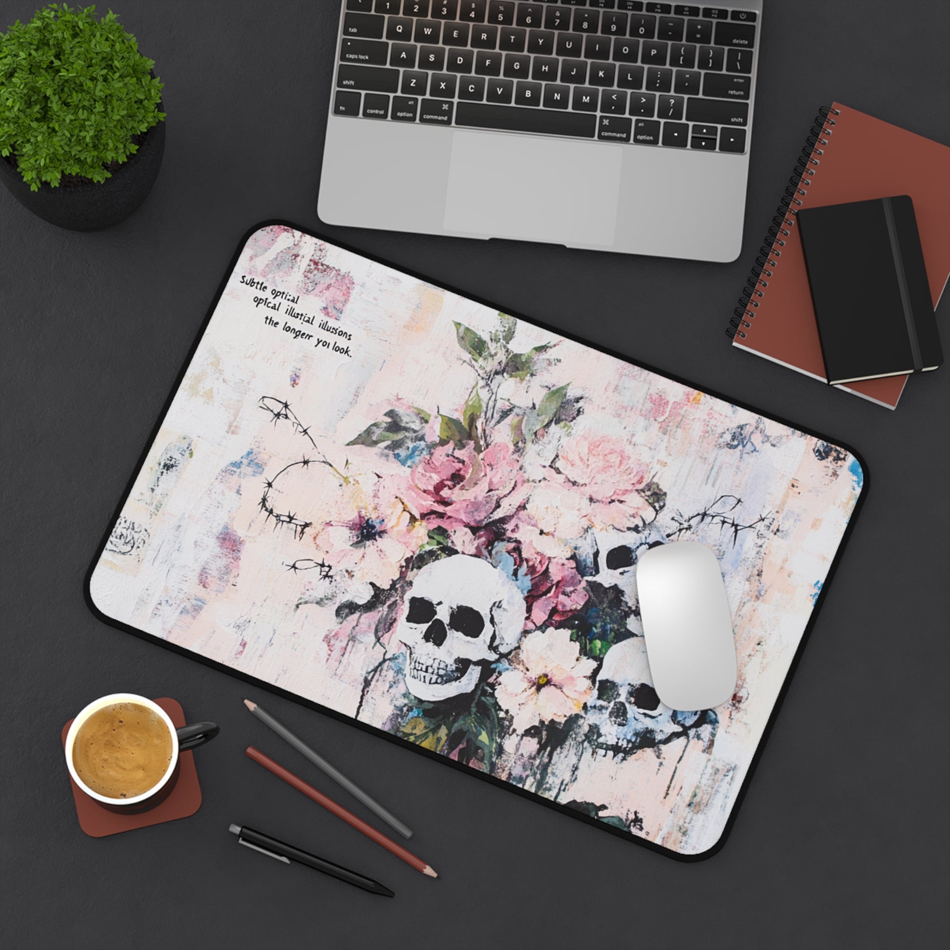 Elegant Floral Skull Desk Mat, Stylish Office Decor, Unique Mouse Pad, Gamer's Essential, Gift for Halloween, Home Office Accessory