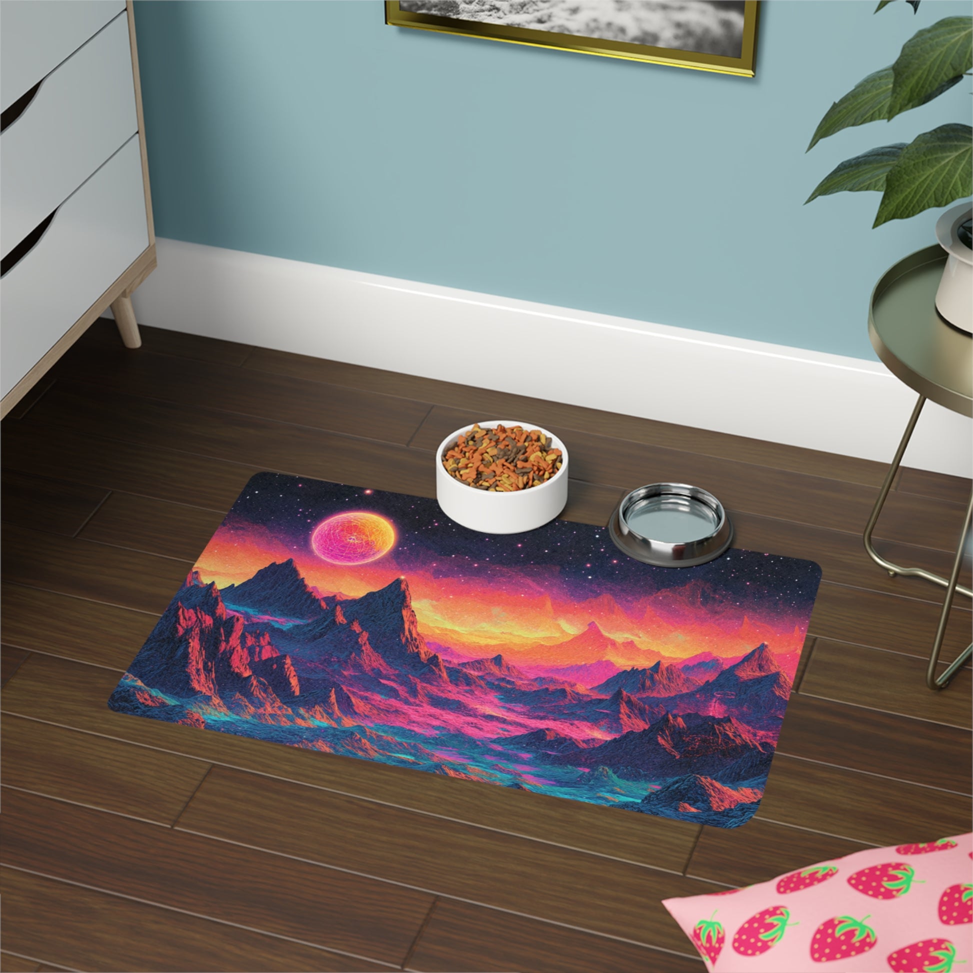 Cosmic Pet Food Mat, Planet Design Pet Feeding Mat, Durable Cat Dog Food Mat, Space Themed Dog Bowl Mat, Unique Pet Supplies