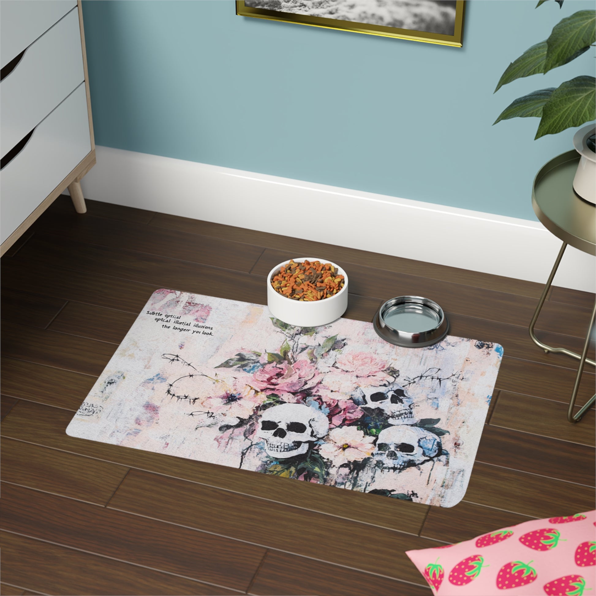 Skull Floral Pet Food Mat, Unique Pet Dish Mat, Pet Lover Gift, Stylish Dog Cat Bowl Mat, Home Decor for Pet Parents