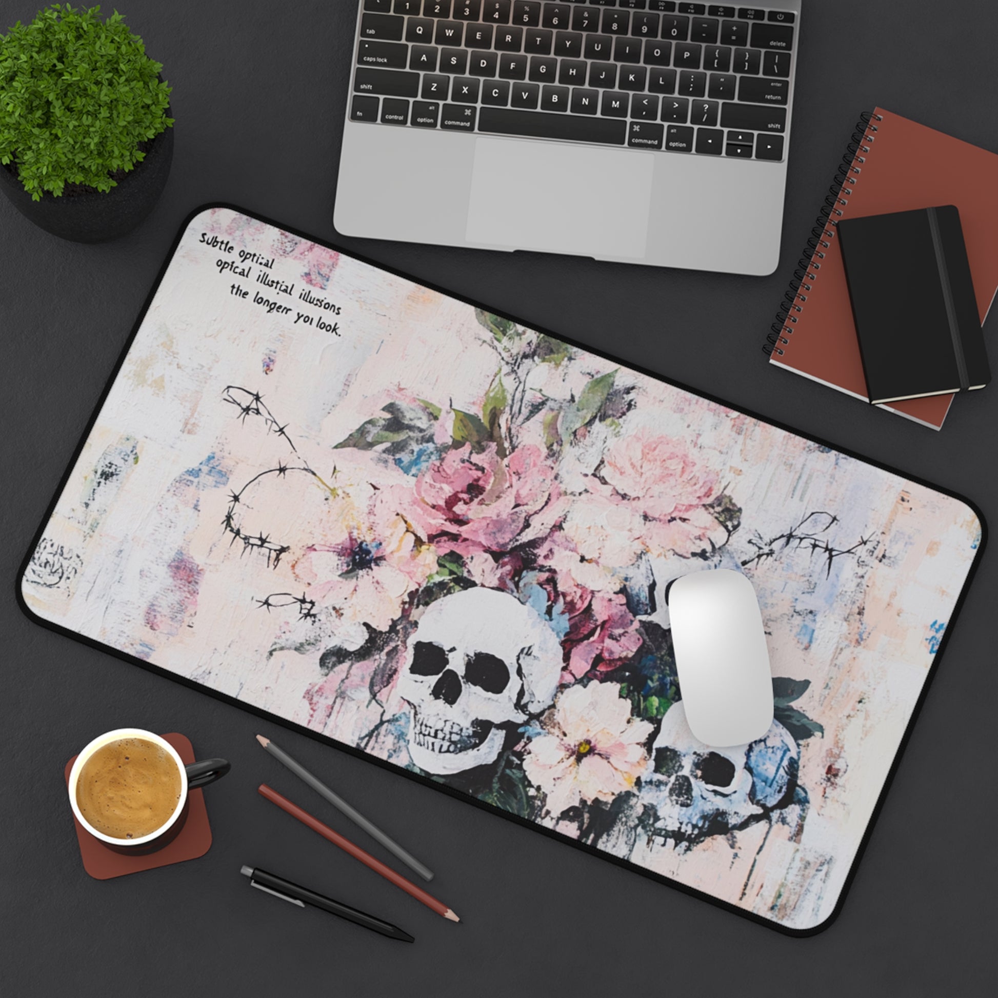 Elegant Floral Skull Desk Mat, Stylish Office Decor, Unique Mouse Pad, Gamer's Essential, Gift for Halloween, Home Office Accessory
