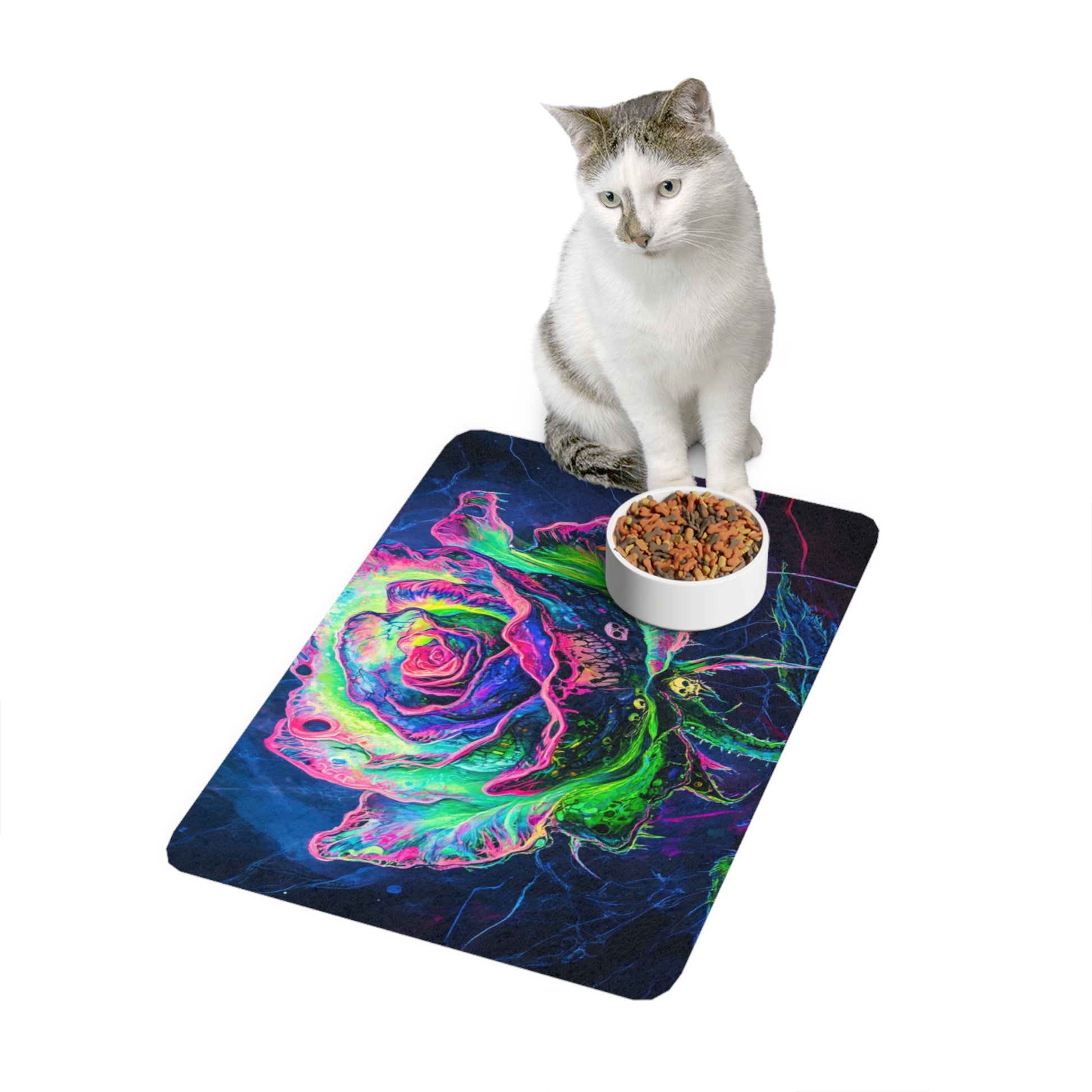 Colorful Floral Pet Food Mat with Non-Slip Base, Dog Dish Rug, Cat Bowl Placemat, Pet Dining Mat, Vibrant Animal Decor