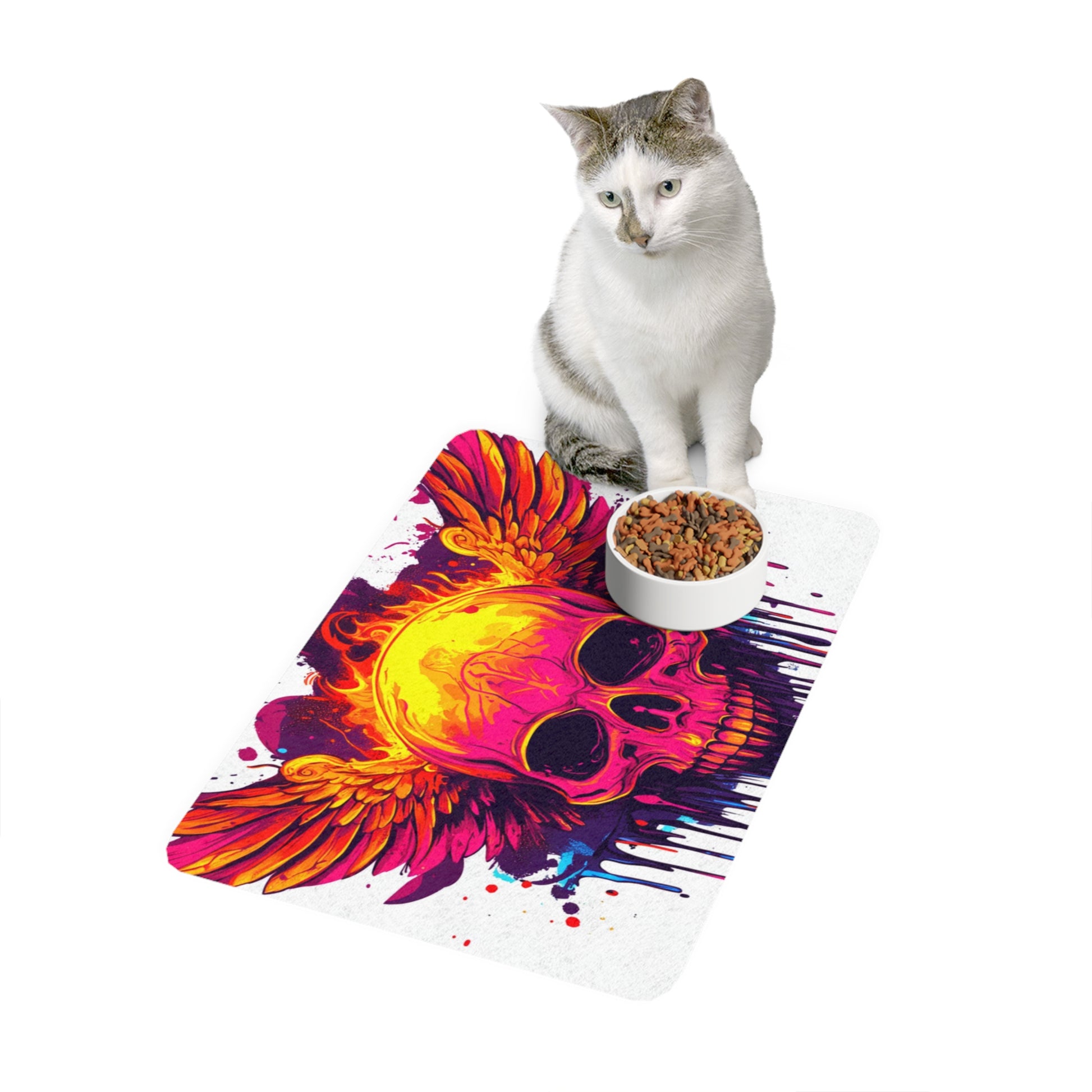 Vibrant Skull Pet Food Mat, Pet Feeding Mat, Dog Bowl Mat, Cat Food Mat, Colorful Pet Accessory, Unique Decor for Animal Lovers