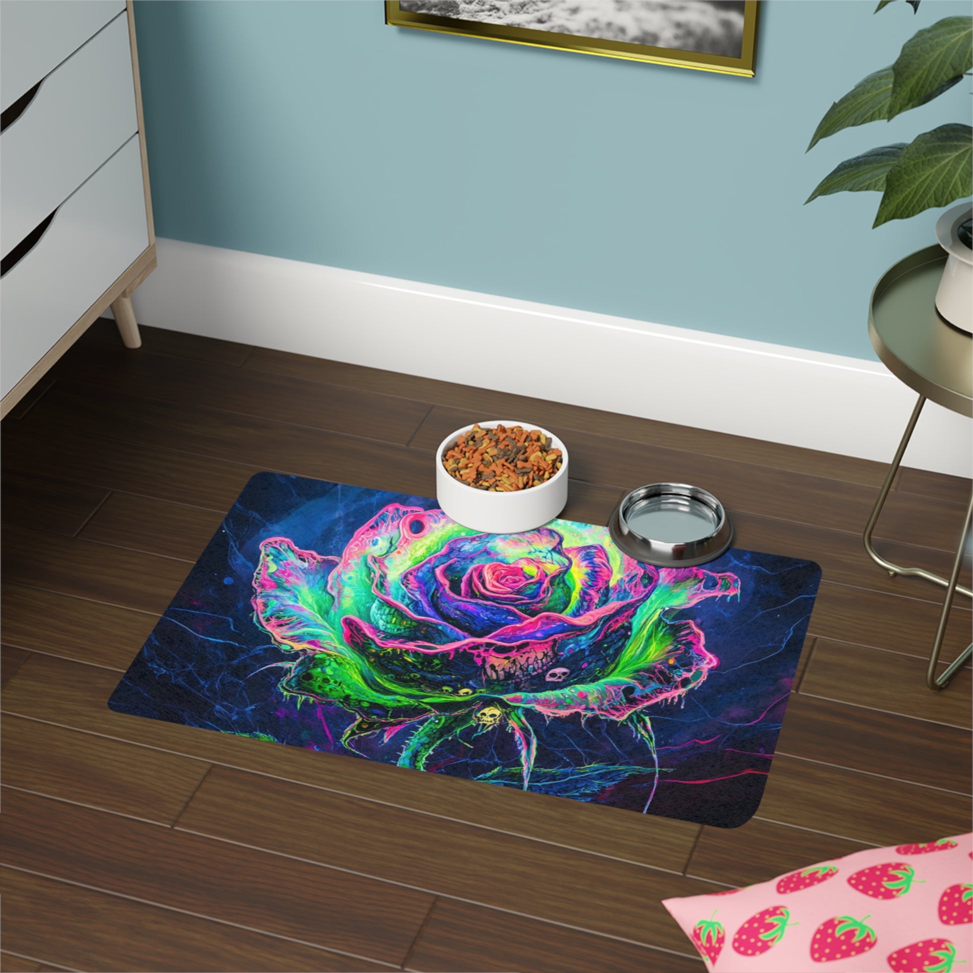Colorful Floral Pet Food Mat with Non-Slip Base, Dog Dish Rug, Cat Bowl Placemat, Pet Dining Mat, Vibrant Animal Decor