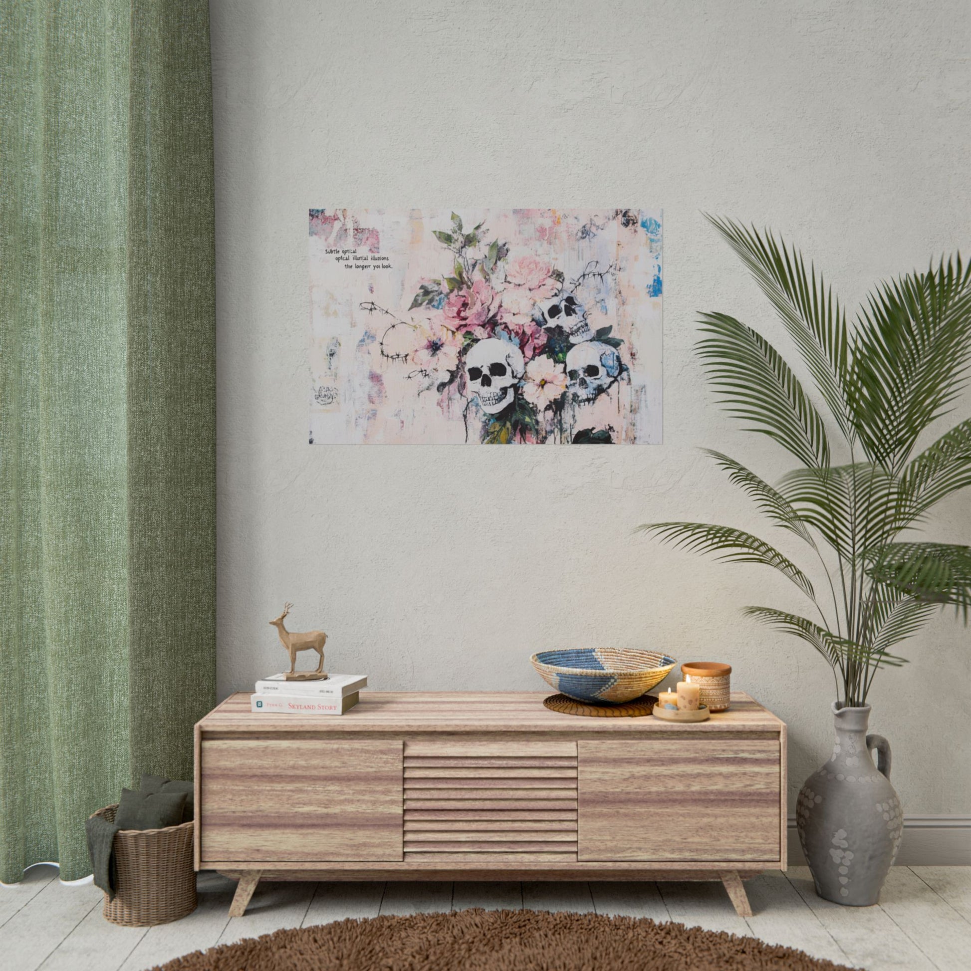 Floral Skull Art Poster, Vintage Wall Decor, Gothic Home Aesthetic, Unique Artwork, Boho Room Styling, Gift for Art Lovers