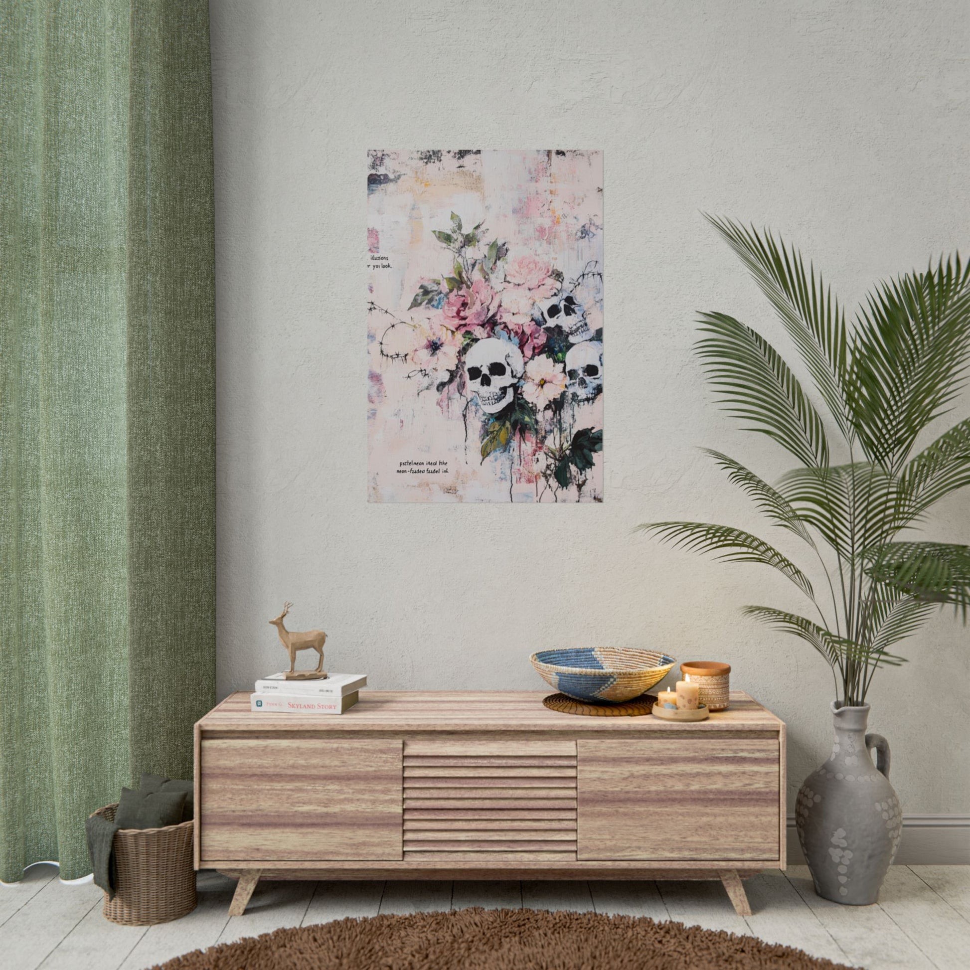 Floral Skull Art Poster, Vintage Wall Decor, Gothic Home Aesthetic, Unique Artwork, Boho Room Styling, Gift for Art Lovers