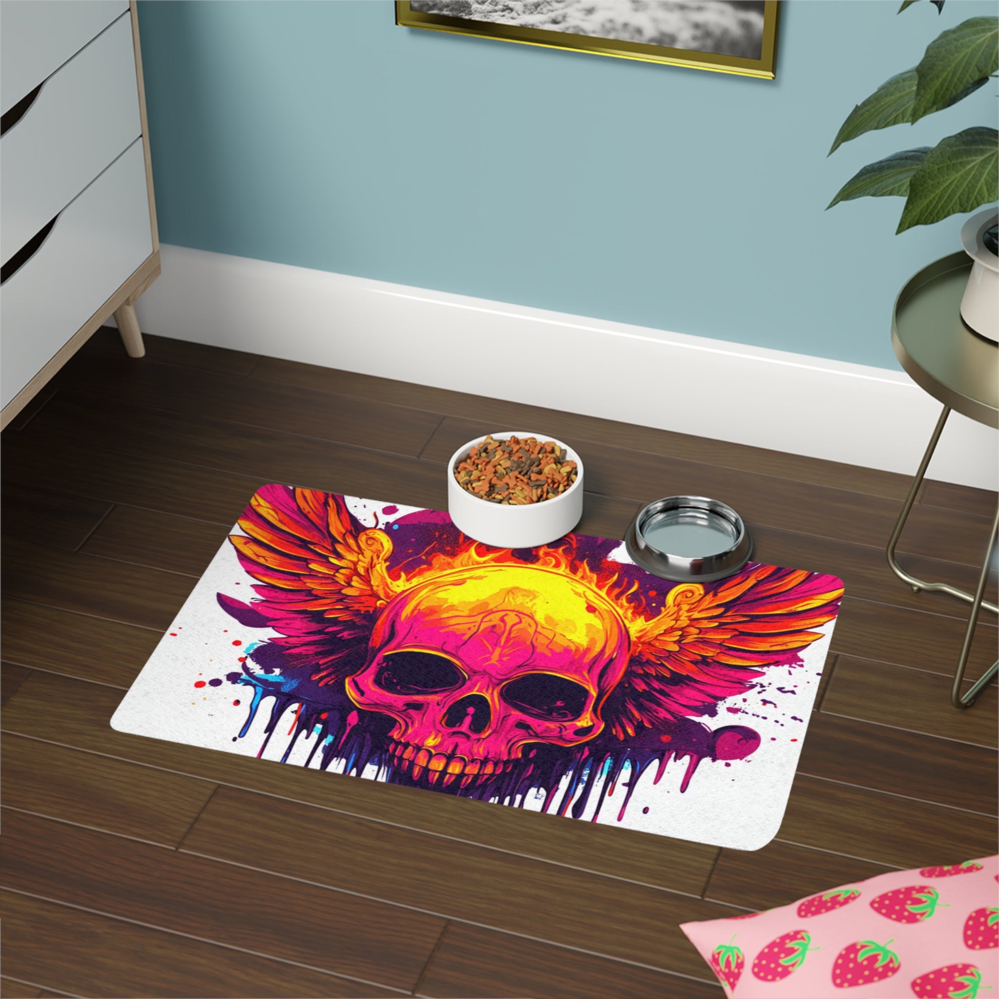Vibrant Skull Pet Food Mat, Pet Feeding Mat, Dog Bowl Mat, Cat Food Mat, Colorful Pet Accessory, Unique Decor for Animal Lovers