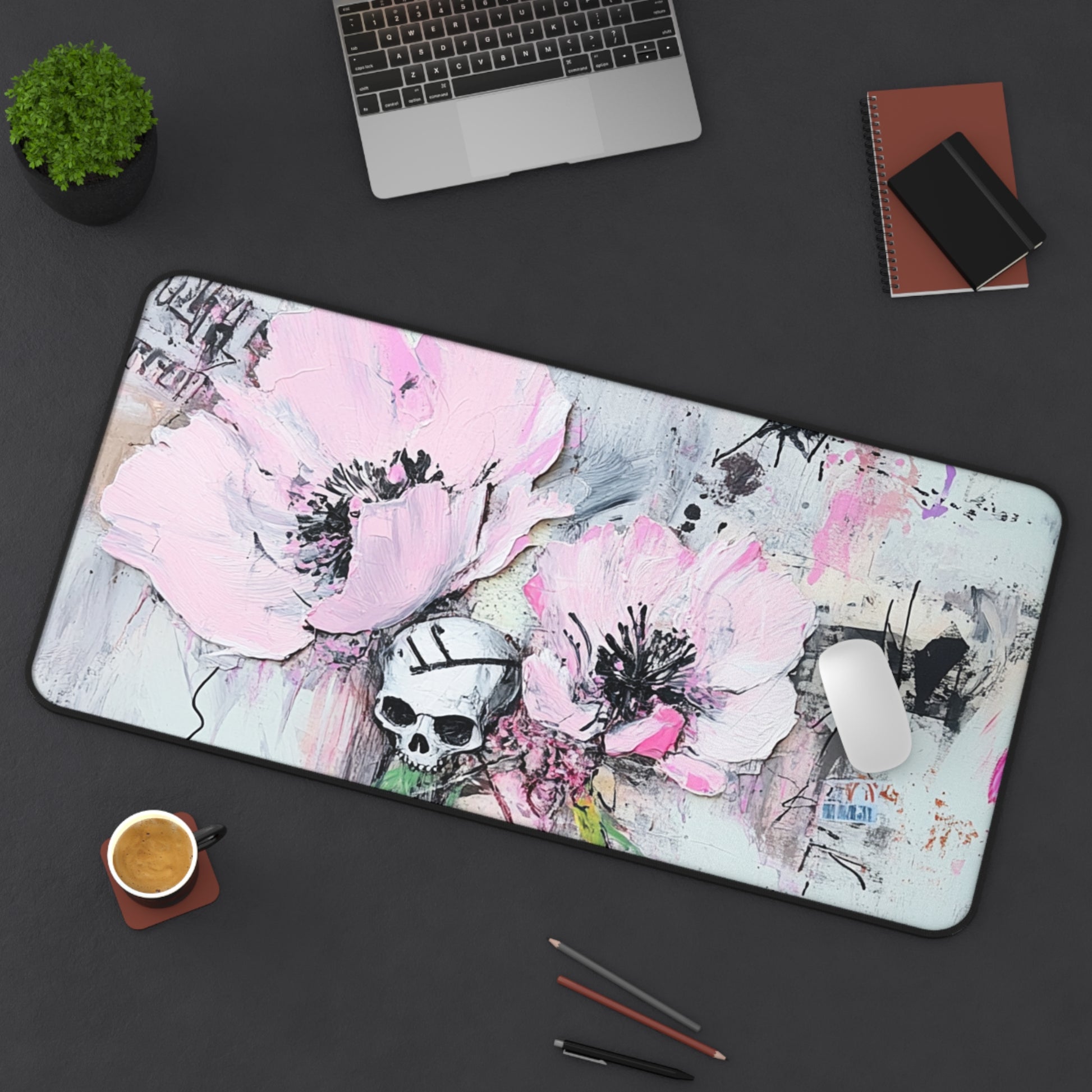 Floral Skull Desk Mat | Aesthetic Office Decor, Gaming Mouse Pad, Unique Gift for Artists, Creative Workspace, Inspirational Table Mat